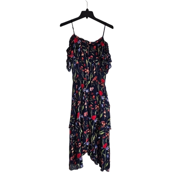 Parker Floral 100% Silk Cold Shoulder Ruffle Midi Navy Small Dress Preowned - Picture 6 of 9